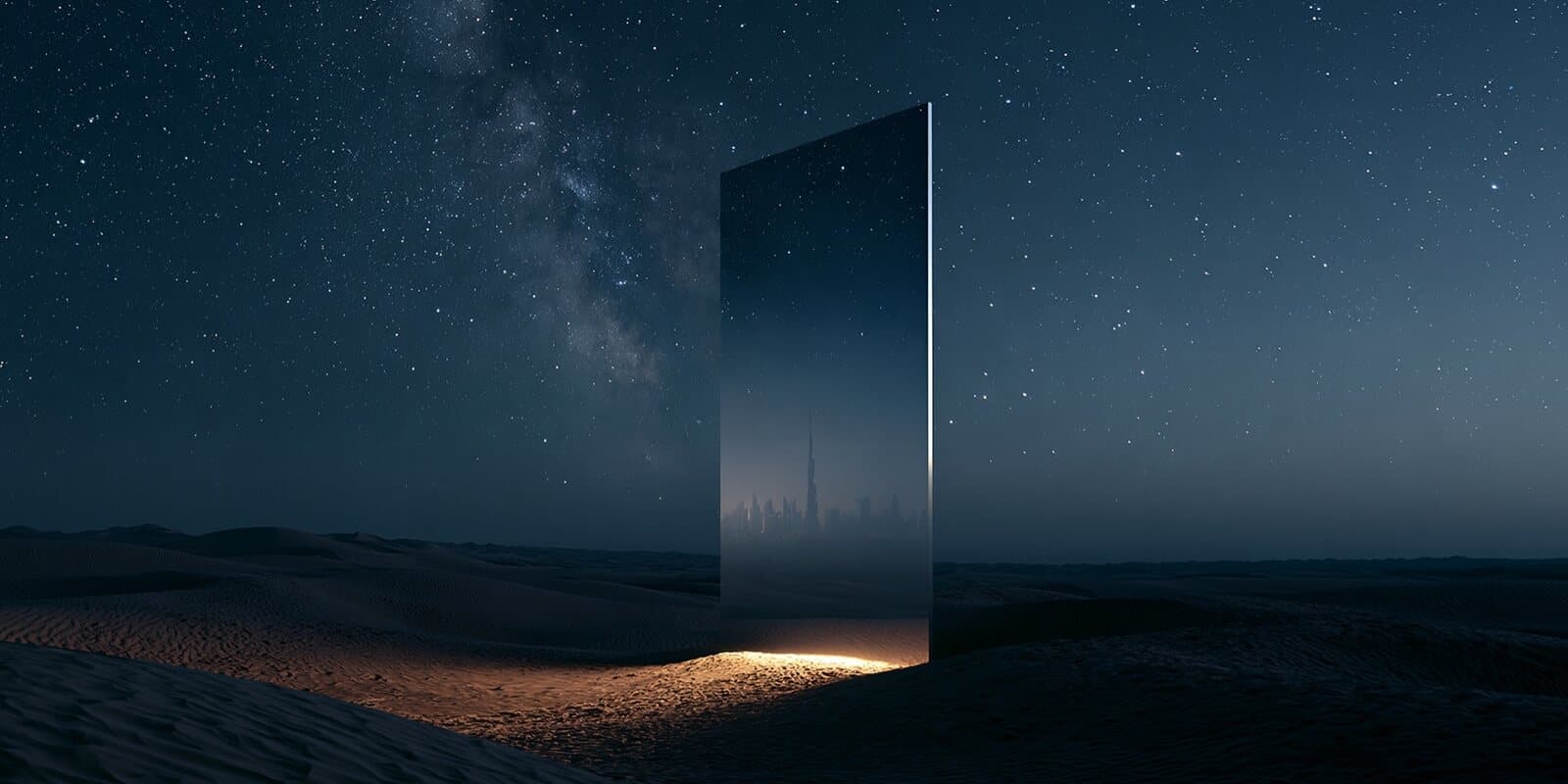 A mirrored monolith in the desert at night, reflecting the Dubai skyline