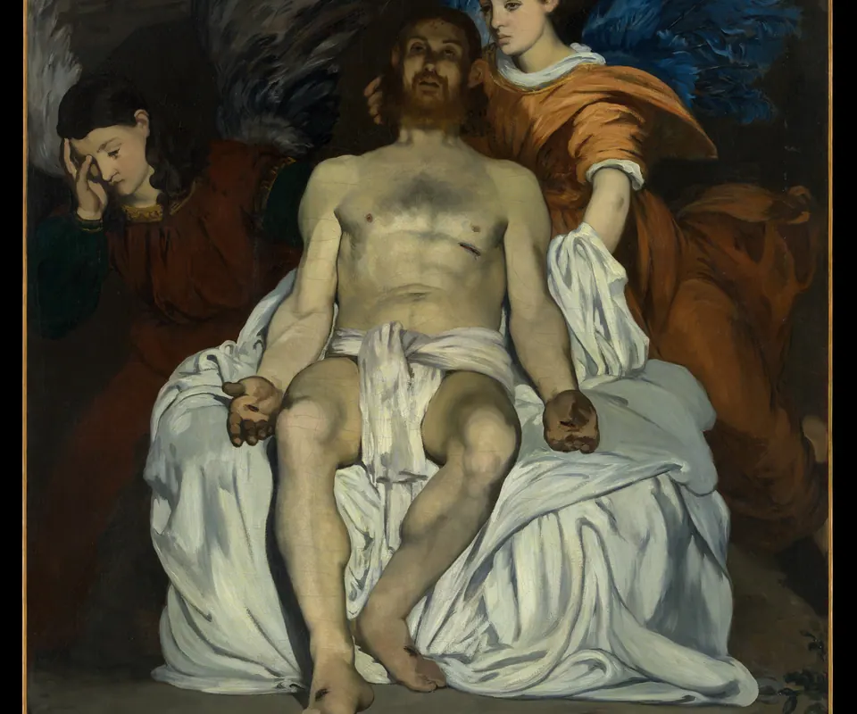 Detail of The Dead Christ with Angels by Edouard Manet. Two angels attend the body of Christ in a dark tomb.