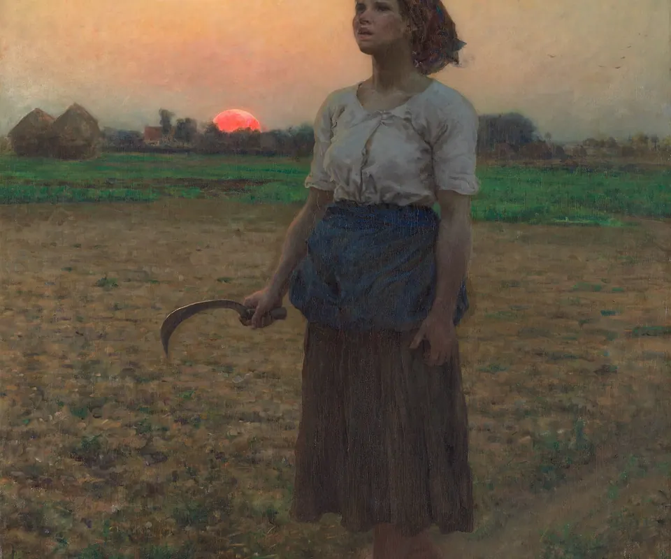Detail of The Song of the Lark by Jules Breton. A young fieldworker stands with a sickle beneath the dawn sky.