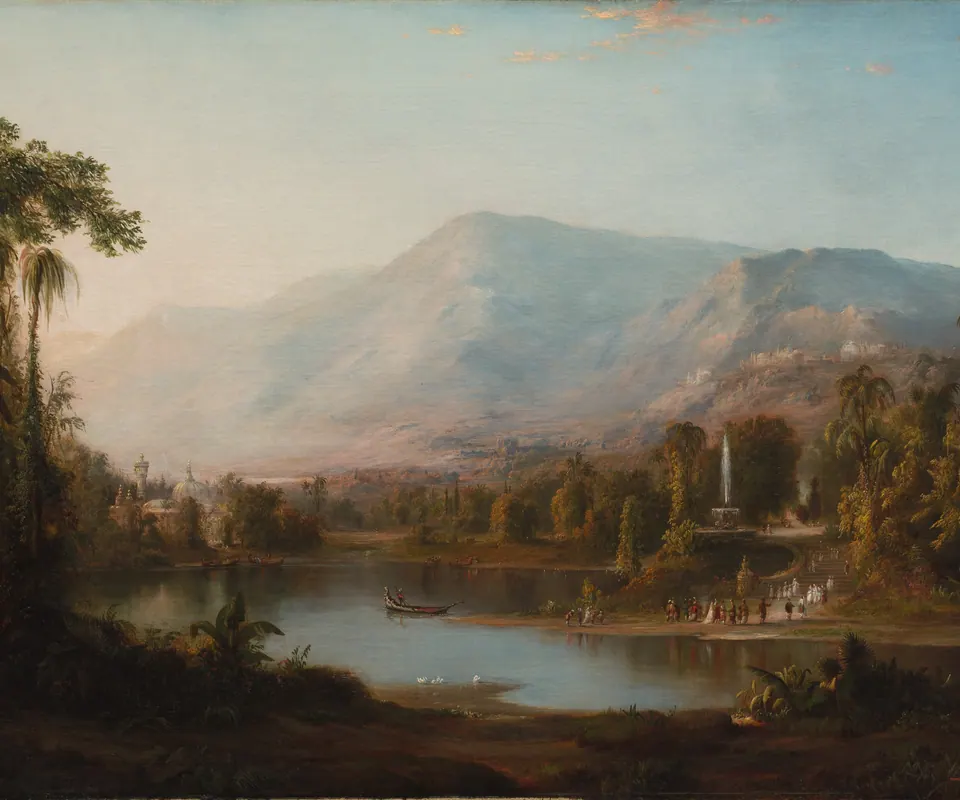 Detail of Vale of Kashmir by Robert S. Duncanson. Small figures stand beside water in a luminous imagined valley.