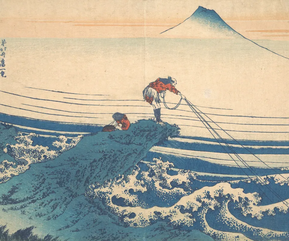 Detail of Kajikazawa in Kai Province (Kōshū Kajikazawa), from the series Thirty-six Views of Mount Fuji (Fugaku sanjūrokkei) by Katsushika Hokusai. A fisherman casts his lines from rocks above rushing water.