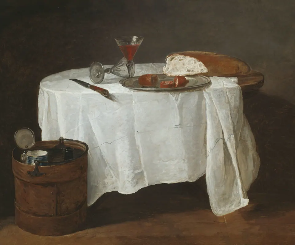 Detail of The White Tablecloth by Jean Siméon Chardin. Bread, fruit, vessels and a knife rest on a white cloth draped over a table.