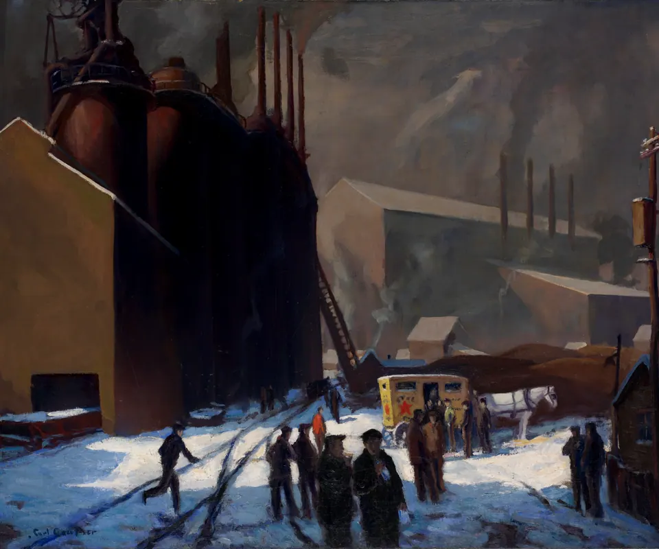 Detail of The Pie Wagon by Carl Gaertner (American, 1898–1952). Factory workers gather around a horse-drawn pie wagon beneath industrial buildings.