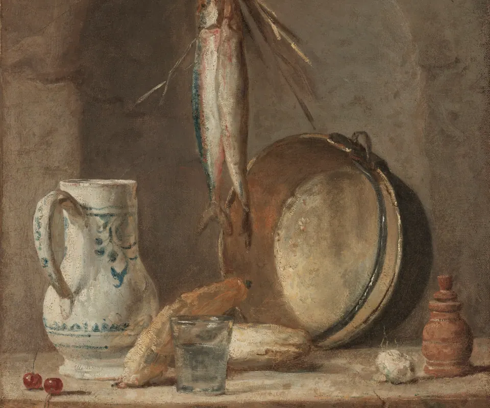 Detail of Still Life with Herrings by Jean-Siméon Chardin (French, 1699–1779). Herrings, a jug and kitchen vessels sit on a plain pantry shelf.