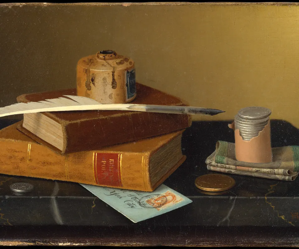 Detail of The Banker's Table by William Michael Harnett. Coins, banknotes, books and writing materials lie on a banker’s table.