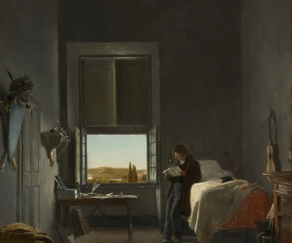 Detail of The Artist in His Room at the Villa Medici, Rome by Léon Cogniet (French, 1794–1880). An artist stands in a spare studio beside a bright open window.