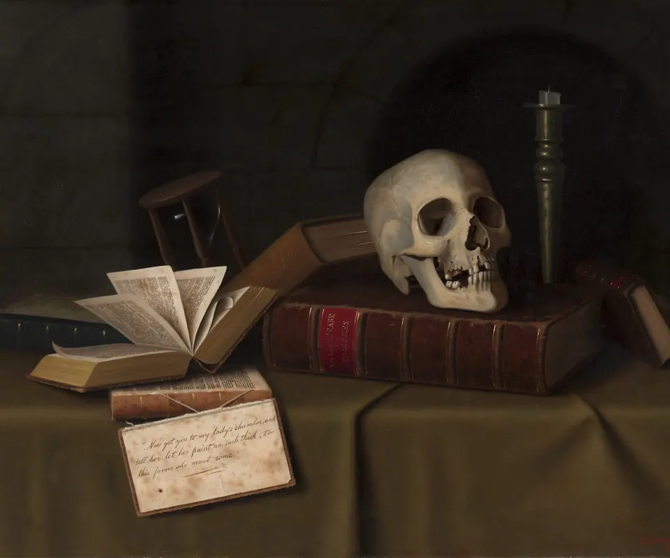 Detail of Memento Mori, "To This Favour" by William Michael Harnett (American, 1848–1892). A skull, extinguished candle, books and an hourglass occupy a dark tabletop.