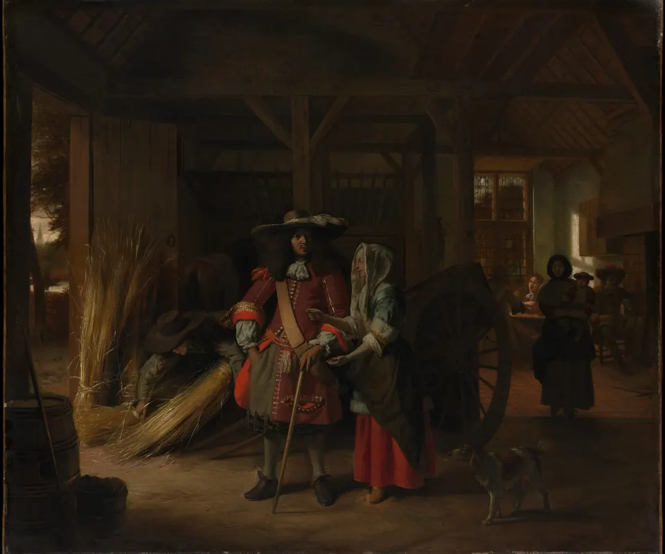 Detail of Paying the Hostess by Pieter de Hooch. A man pays a hostess in a richly appointed room while other figures wait nearby.