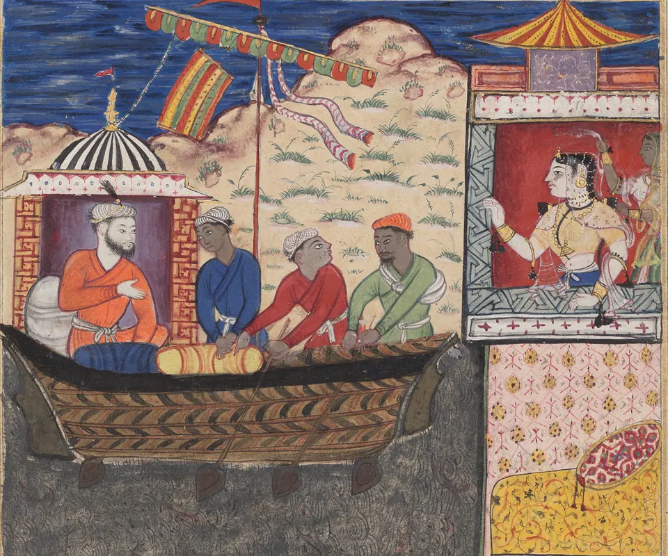 Detail of The merchant Mansur departs on a sea voyage, leaving his wife behind, from a Tuti-nama (Tales of a Parrot): Seventeenth Night by Unidentified artist. A merchant sits aboard a ship while his wife watches from an upper room.