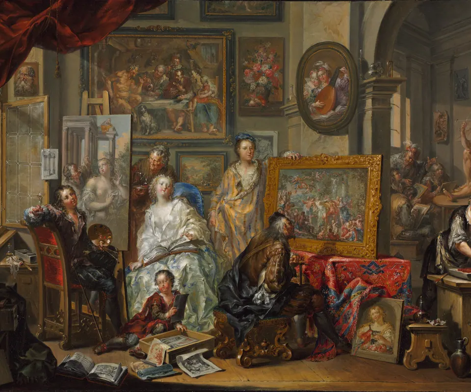 Detail of The Artist's Studio by Johann Georg Platzer (Austrian, 1704–1761). An artist presents a painting in a busy studio surrounded by models, pupils and assistants.