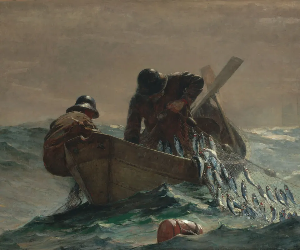 Detail of The Herring Net by Winslow Homer. Two fishermen balance a small boat while hauling and unloading a net full of herring.