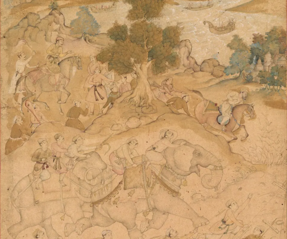 Detail of Akbar supervising the capture of wild elephants at Malwa in 1564, painting 90 from an Akbar-nama (Book of Akbar) of Abu’l Fazl (Indian 1551–1602) by Attributed to Farukh Chela, or Govardhan, or Dhanraj. Akbar directs horsemen and trained elephants during the capture of wild elephants.