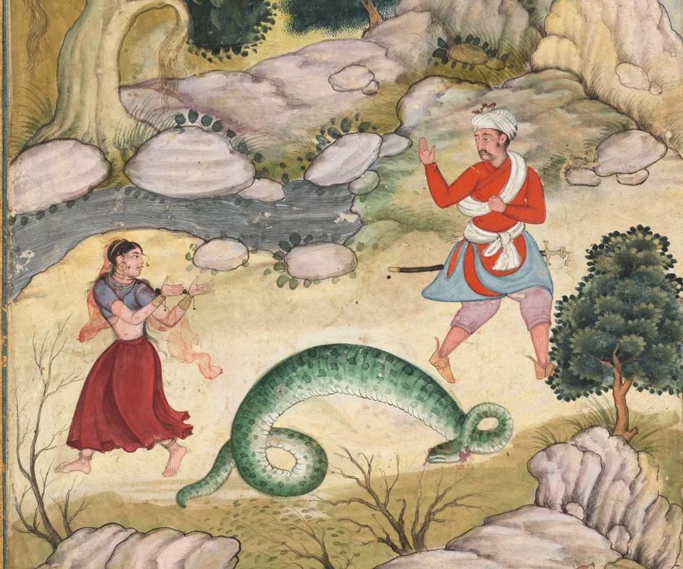 Detail of Lovers parting, page from a book of fables by Unidentified artist. Two former lovers turn away from each other on separate paths through a rocky landscape.