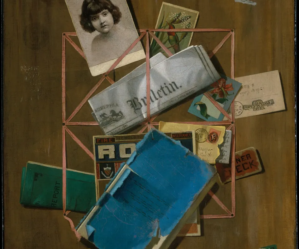 Detail of Old Souvenirs by John F. Peto. Photographs, envelopes and worn papers are tucked into ribbons on a wooden board.