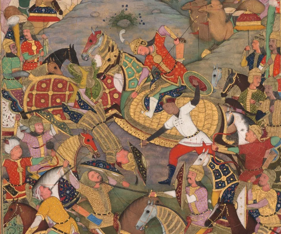 Detail of Battle between Manuchihr and Tur, from a Shah-nama (Book of Kings) of Firdausi (Persian, c. 934–1020) by Unidentified artist. Warriors and horses clash around Manuchihr and Tur in a crowded battle scene.