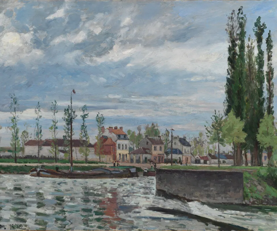 Detail of The Lock at Pontoise by Camille Pissarro (French, 1830–1903). Water rushes through a river lock beneath an overcast sky.