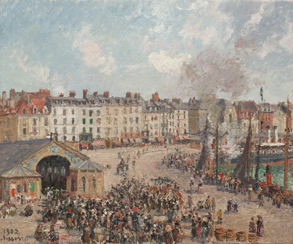 Detail of Fishmarket by Camille Pissarro (French, 1830–1903). Traders and customers crowd a fish market beside boats and a harbor.