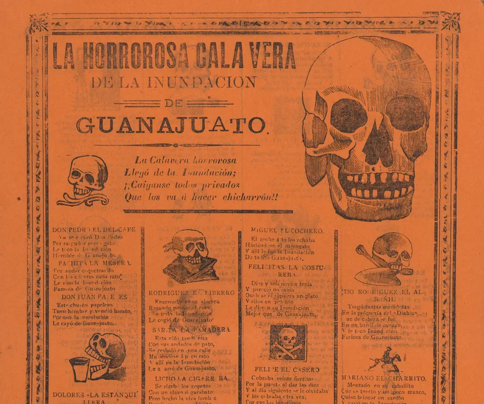 Detail of The horrific skeleton of the flood of Guanajuato by José Guadalupe Posada. An orange Mexican broadside combines skull illustrations with columns of satirical verse about the Guanajuato flood.