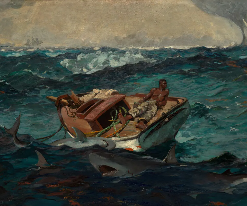 Detail of The Gulf Stream by Winslow Homer. A man reclines in a dismasted boat among rough waves and sharks, with a ship on the distant horizon.