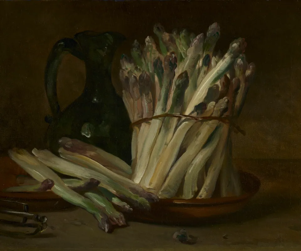 Detail of Still Life with Asparagus by Philippe Rousseau. A tied bundle of asparagus, loose spears, and a green jug rest on a table.