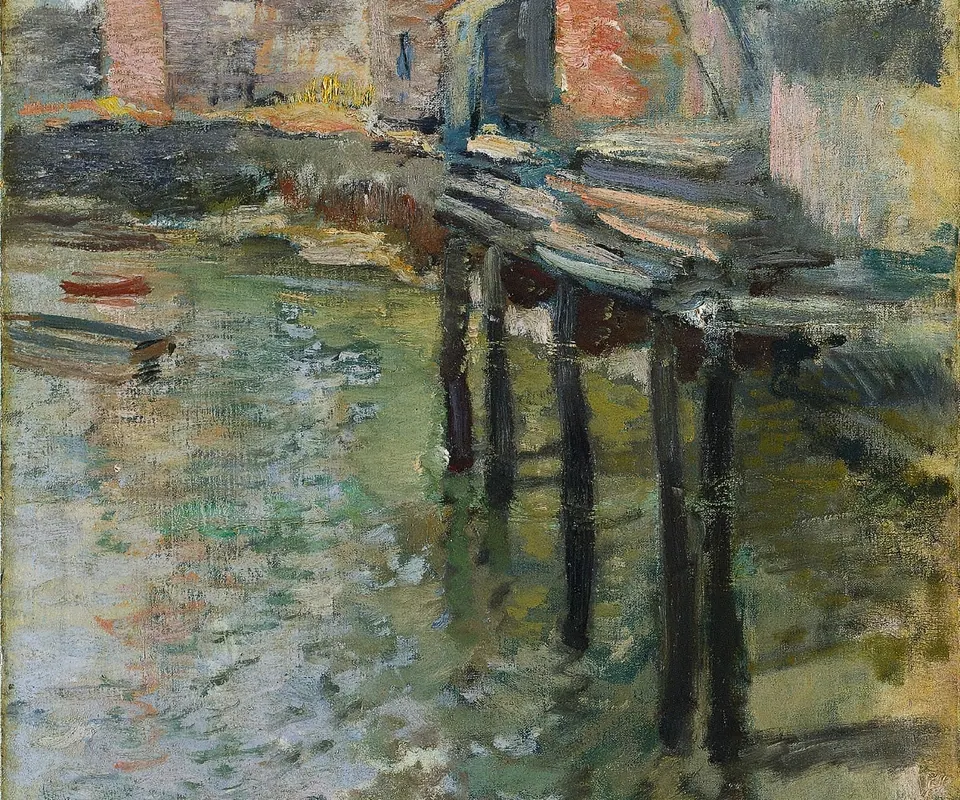 Detail of Deserted Wharf (The Old Mill at Cos Cob) by John Henry Twachtman. A deserted wharf and old mill stand beside quiet water.