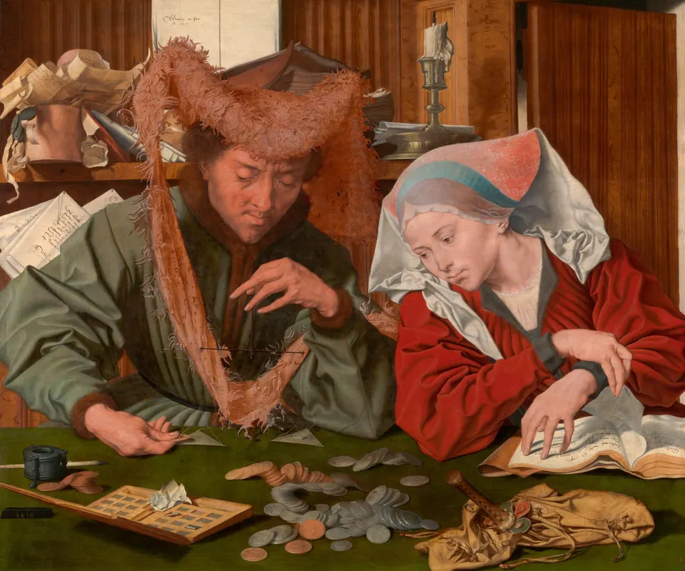 Detail of The Tax Collector and his Wife (so-called Money Changer and his Wife) by Marinus van Reymerswale. A tax collector weighs coins while his wife examines an open account book.