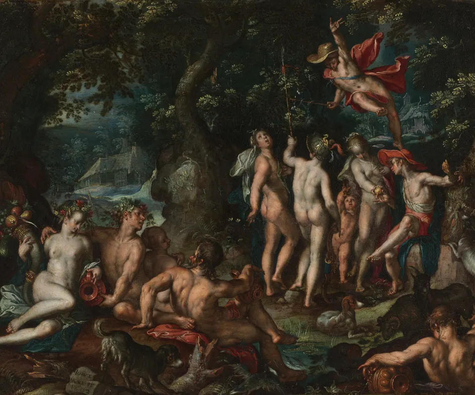 Detail of The Judgment of Paris by Joachim Anthoniz Wtewael (Dutch, 1566–1638). Paris offers a golden apple to Venus as Hera, Athena and other figures look on.