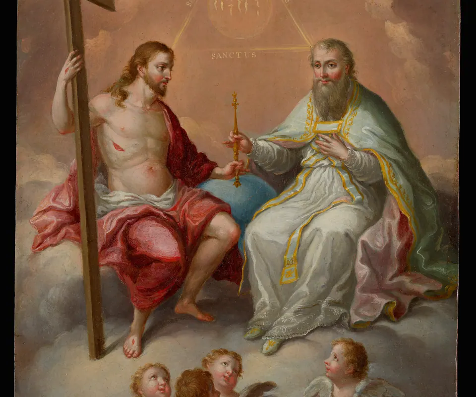Detail of The Trinity by José Campeche. God the Father and Christ flank a dove above clouds and attendant angels.