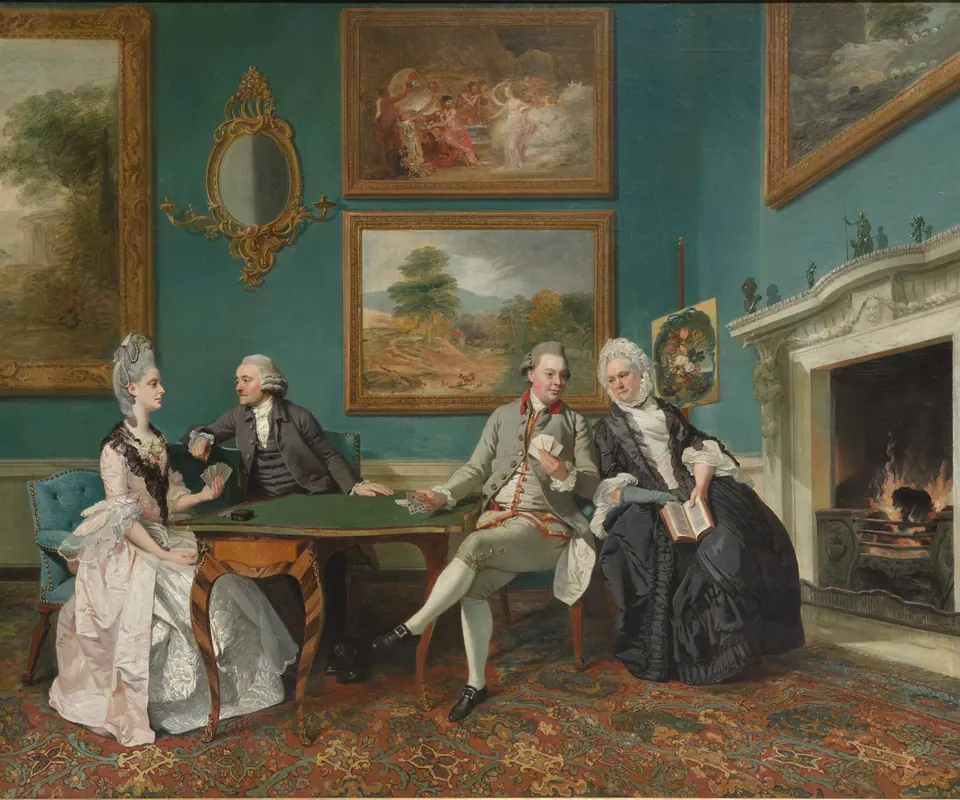 Detail of The Dutton Family in the Drawing Room of Sherborne Park, Gloucestershire by Johann Zoffany (German, 1733–1810). Members of the Dutton family gather around a card table in their drawing room.