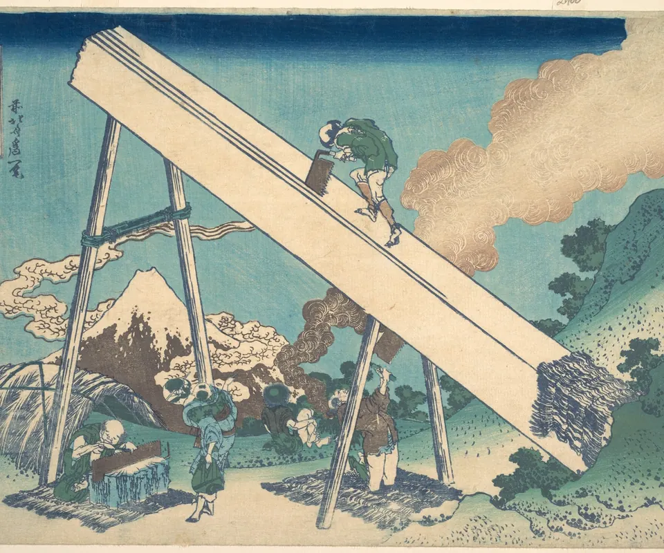 Detail of In the Mountains of Tōtomi Province (Tōtomi sanchū), from the series Thirty-six Views of Mount Fuji (Fugaku sanjūrokkei) by Katsushika Hokusai. Workers saw a huge upright timber, with Mount Fuji visible beyond their worksite.