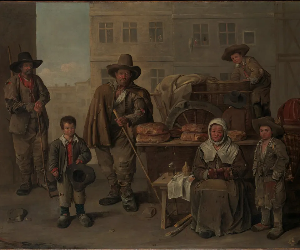 Detail of The Baker's Cart by Jean Michelin. A baker’s family sells bread from a wooden cart in a street.