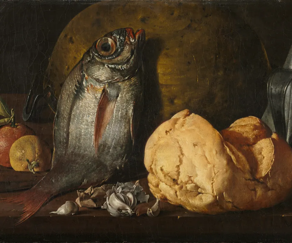 Detail of Still Life with Fish, Bread, and Kettle by Luis Meléndez (Spanish, 1716–1780). Fish, bread, a kettle and vessels fill a carefully arranged tabletop.