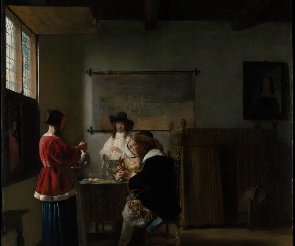 Detail of The Visit by Pieter de Hooch. A seated couple and standing visitor share a quiet conversation in a sunlit Dutch interior.
