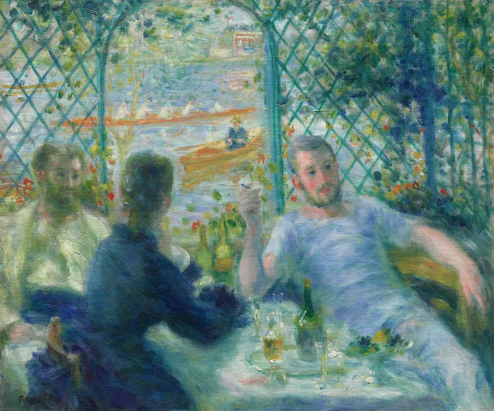 Detail of Lunch at the Restaurant Fournaise (The Rowers' Lunch) by Pierre-Auguste Renoir. Rowers gather around a lunch table at the Restaurant Fournaise beside the river.