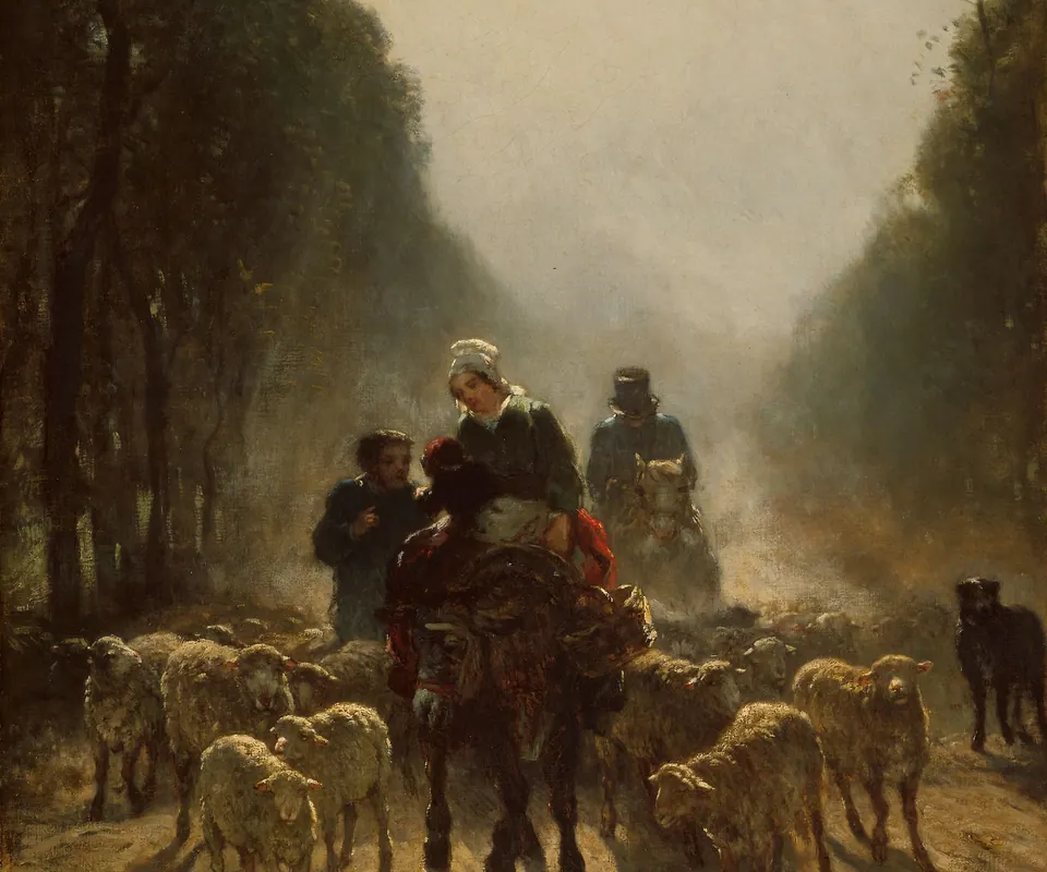 Detail of The Road to Market by Constant Troyon. A woman and child on a donkey lead sheep toward market, followed by two men and a dog.