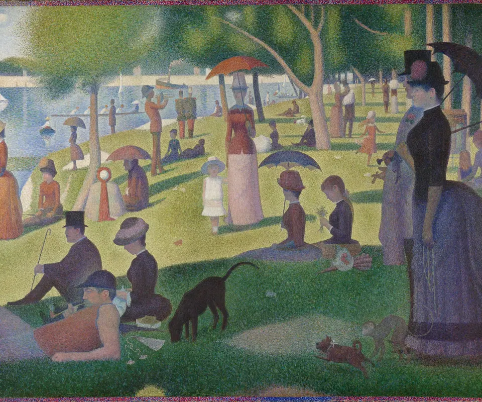 Detail of A Sunday on La Grande Jatte — 1884 by Georges Seurat. People relax beside the Seine in a scene made from small touches of color.