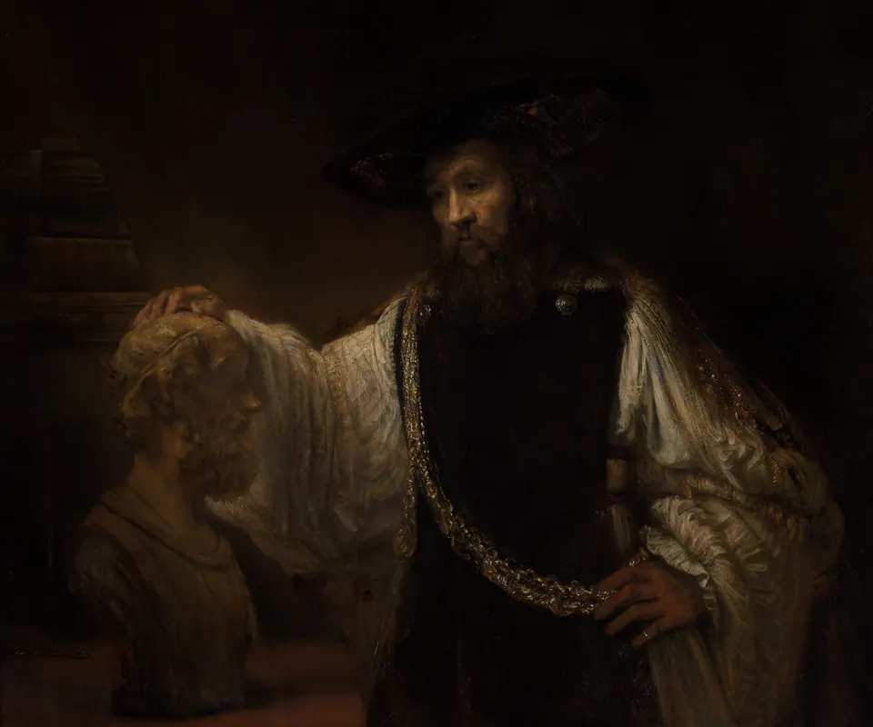 Detail of Aristotle with a Bust of Homer by Rembrandt (Rembrandt van Rijn). Aristotle rests one hand on a bust of Homer in a dark interior.