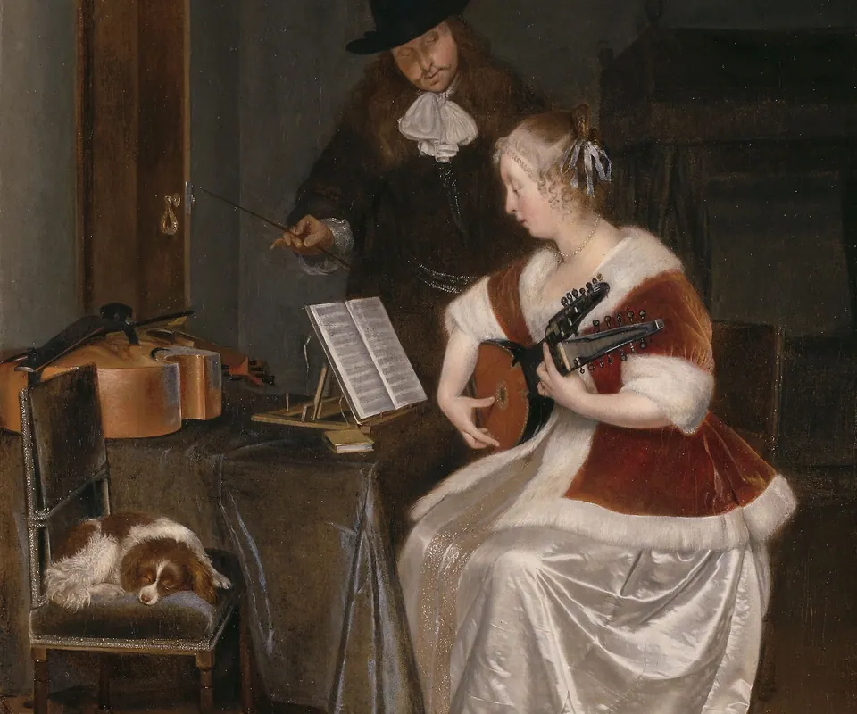 Detail of The Music Lesson by Gerard ter Borch the Younger. A woman plays a keyboard instrument beside a seated companion.