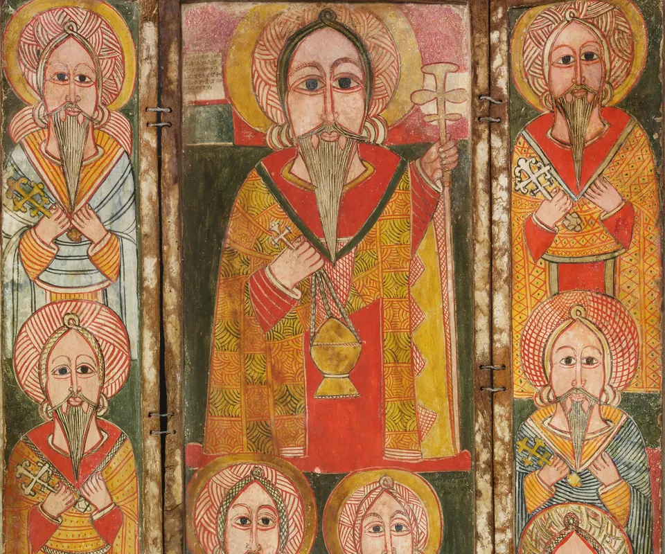 Detail of Icon triptych of Ewosṭatewos and eight of his disciples by Northern Highlands artist. An Ethiopian painted triptych shows Ewosṭatewos and eight disciples.