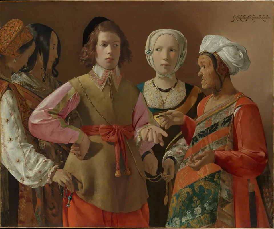 Detail of The Fortune-Teller by Georges de La Tour. A young man consults a fortune-teller while companions secretly rob him.