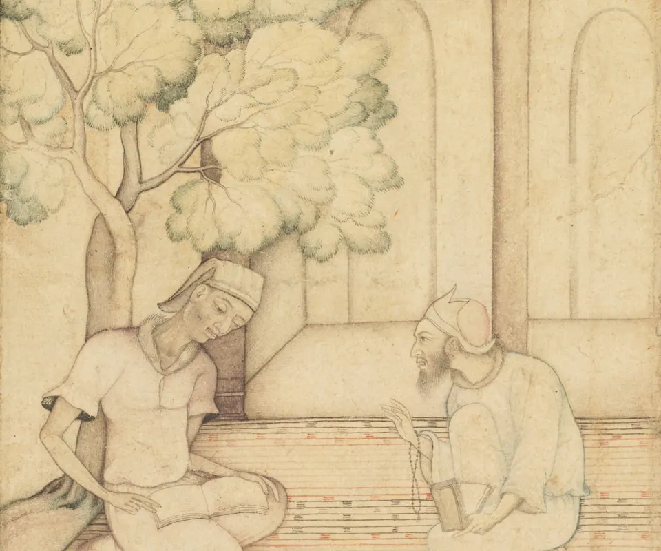 Detail of Kabir and Two Followers on a Terrace (recto) by Unidentified artist. Kabir sits with two followers on a terrace in an illuminated Mughal painting.