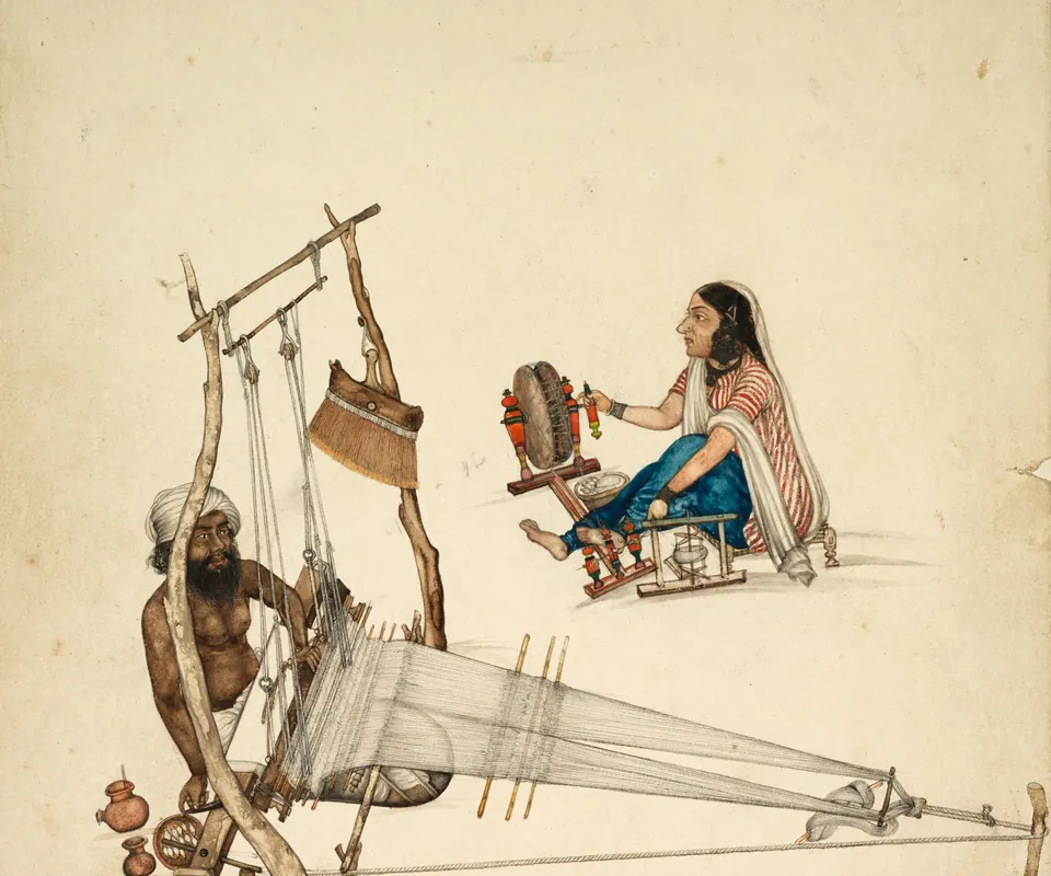 Detail of Weaving and Spinning by Kehar Singh (Indian). Spinners and weavers work with thread and simple wooden looms at ground level.