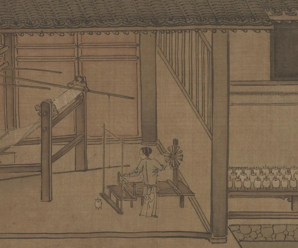 Detail of Sericulture (The Process of Making Silk) by Attributed to Liang Kai. Workers raise silkworms and process silk through a sequence of tasks in open buildings.