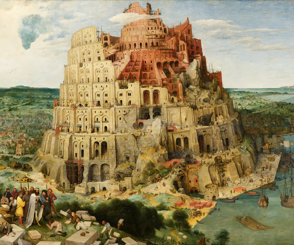 Detail of The Tower of Babel by Pieter Bruegel the Elder. An enormous unfinished circular tower rises above a harbor, with builders working across its many levels.