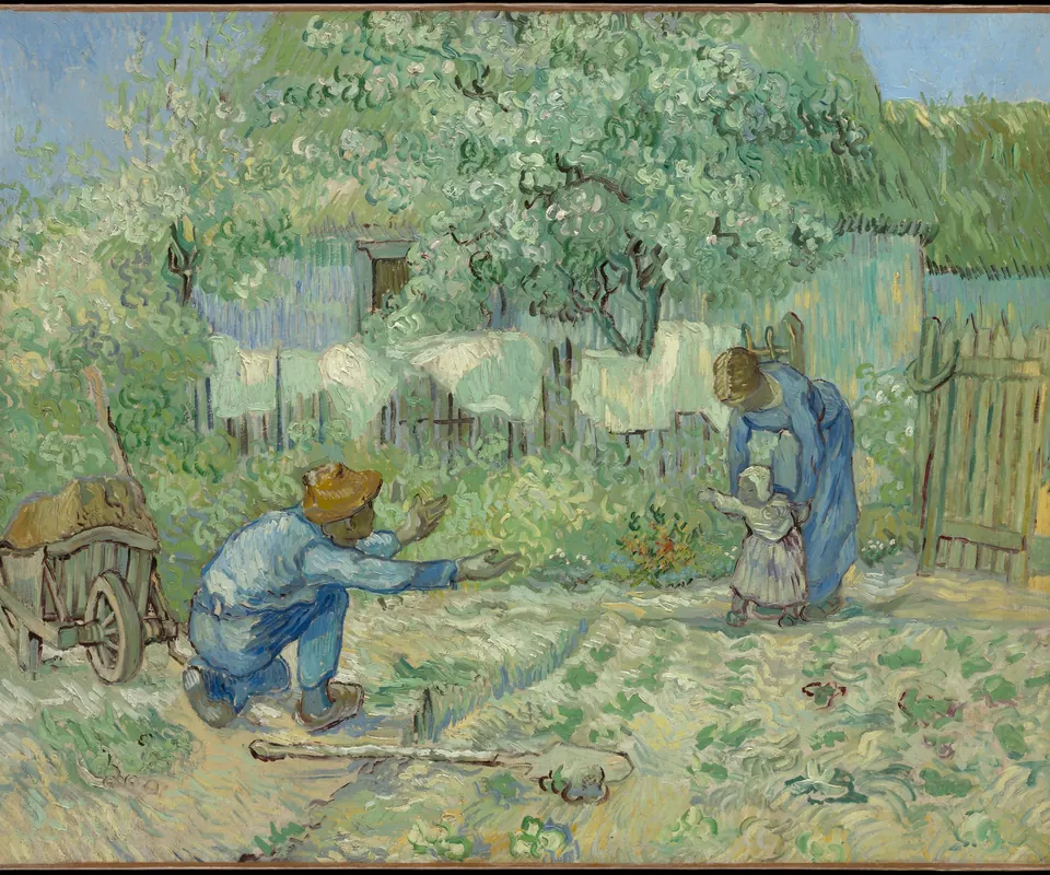 Detail of First Steps, after Millet by Vincent van Gogh. A child steps from a woman’s supporting hands toward a crouching man with open arms.