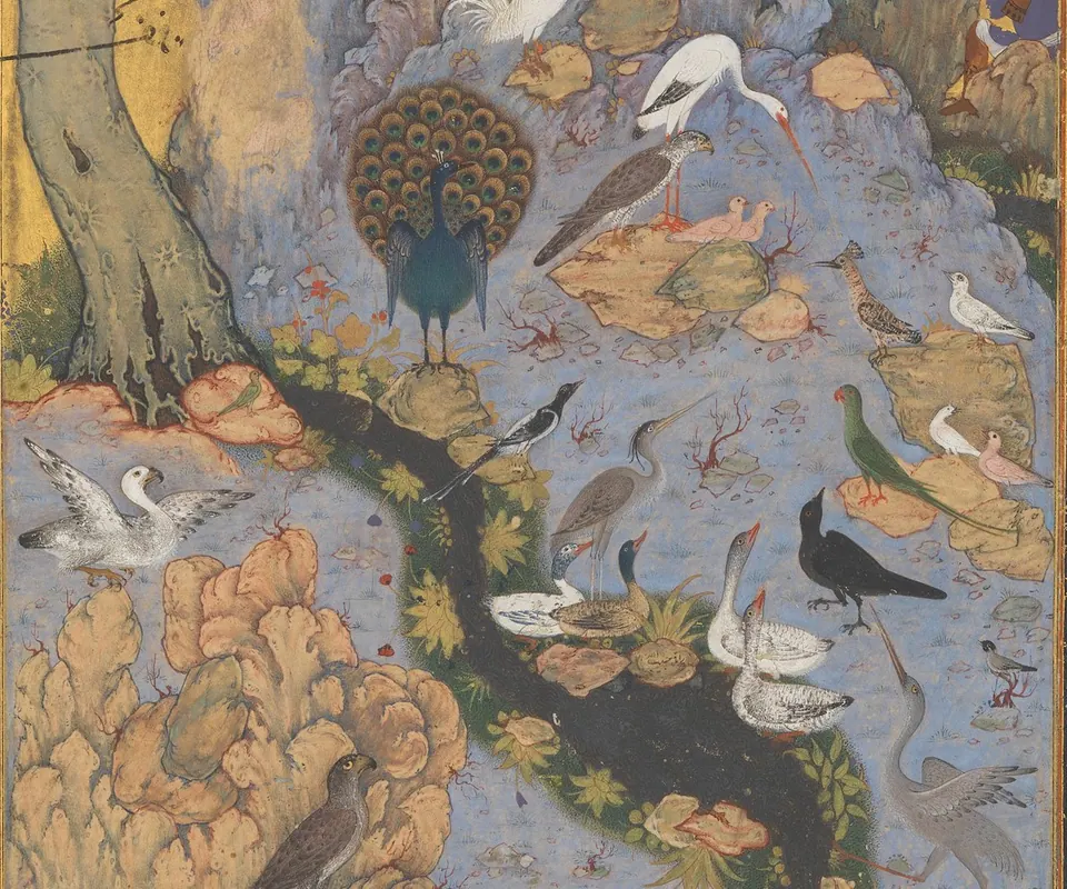 Detail of "The Concourse of the Birds", Folio 11r from a Mantiq al-Tayr (Language of the Birds) by Habiballah of Sava. Many kinds of birds gather in a flowered landscape around a hoopoe.