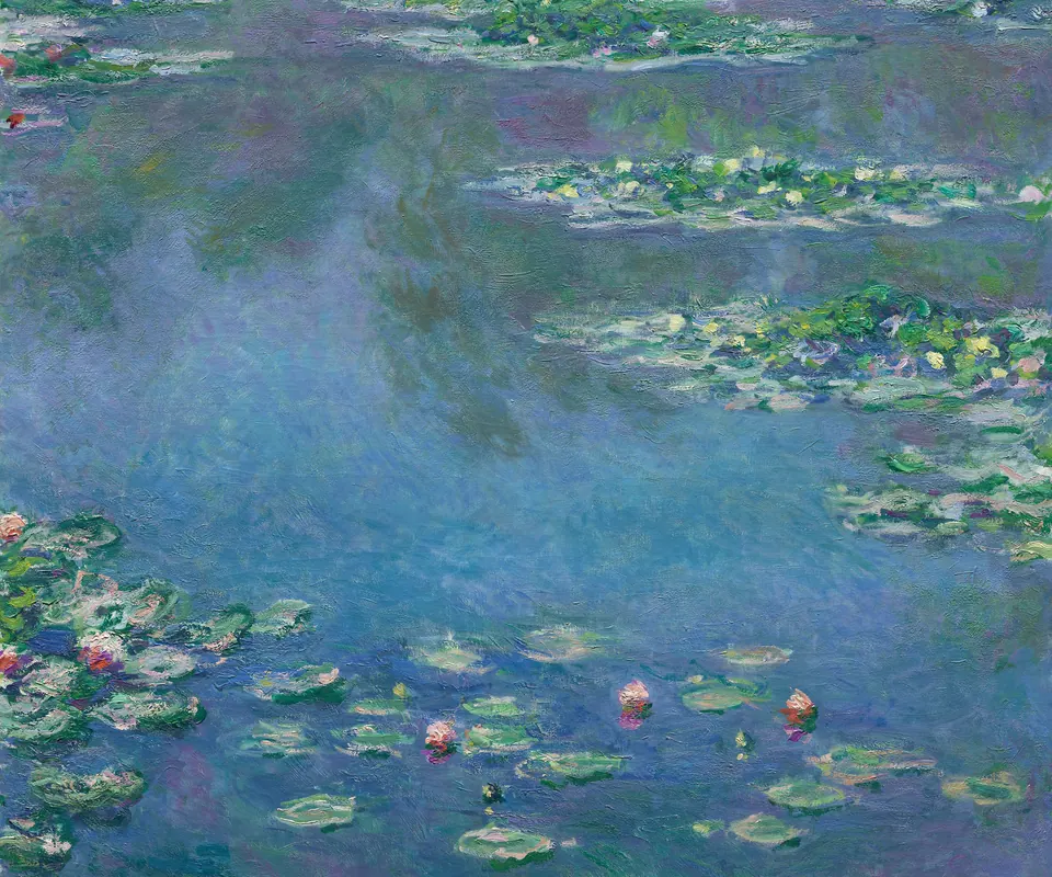 Detail of Water Lilies by Claude Monet. Water lilies float across a pond reflecting trees and sky.