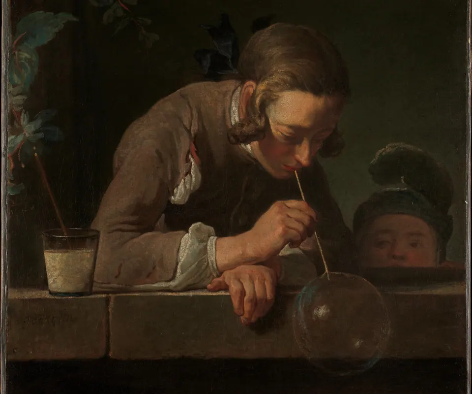 Detail of Soap Bubbles by Jean Siméon Chardin. A youth blows a soap bubble while another child watches.