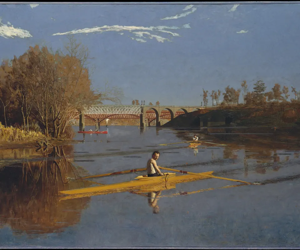 Detail of The Champion Single Sculls (Max Schmitt in a Single Scull) by Thomas Eakins. A single sculler pauses on a calm river beneath a bridge.