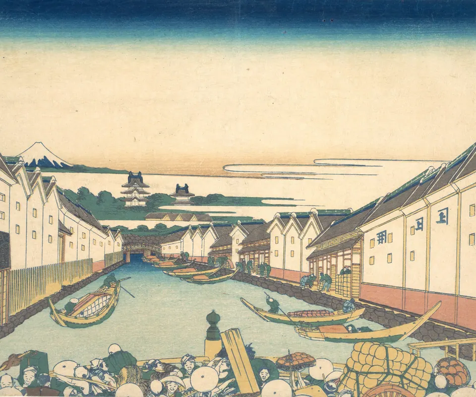 Detail of Nihonbashi in Edo (Edo Nihonbashi), from the series Thirty-six Views of Mount Fuji (Fugaku sanjūrokkei) by Katsushika Hokusai. Boats and buildings line waterways near Nihonbashi bridge, with Mount Fuji beyond.